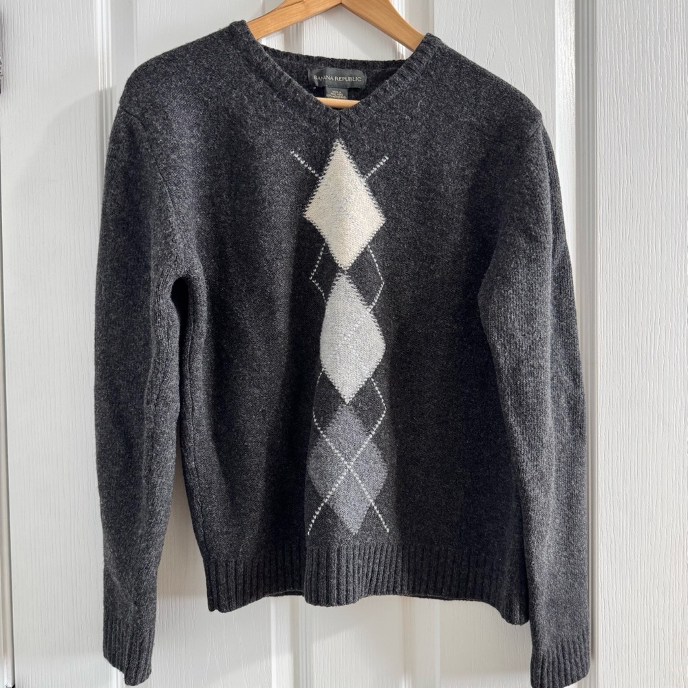 Y2K Vintage Banana Republic Charcoal Argyle V-Neck Sweater 100% Merino Wool